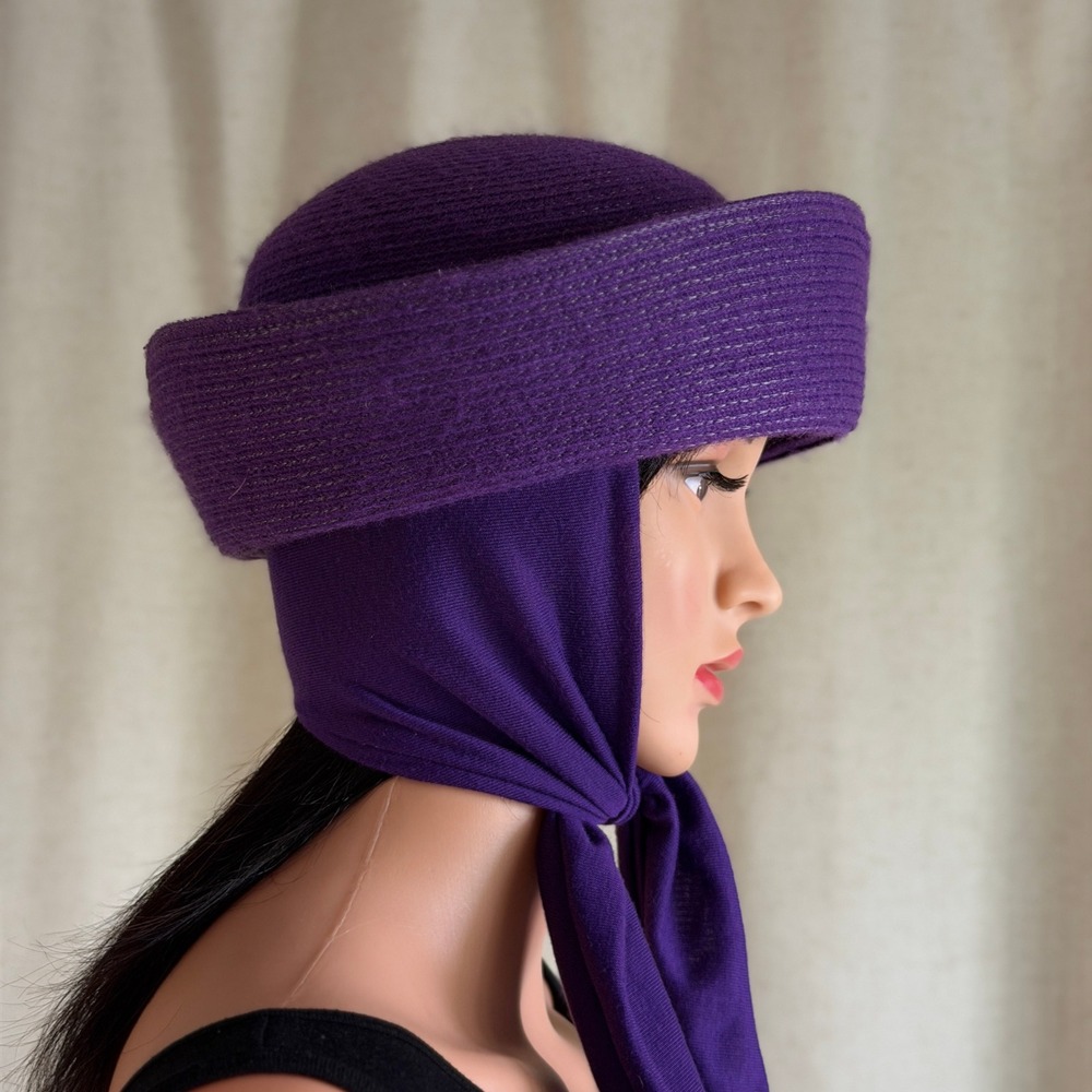 Vtg Y2K Bollman Purple Woven Straw Bucket Hat Attached Scarf Tie 60s Mod Cloche - Picture 4 of 8